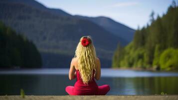 ai gegenereerd vrouw aan het doen een stil yoga en meditatie terugtrekken door de meer. generatief ai foto