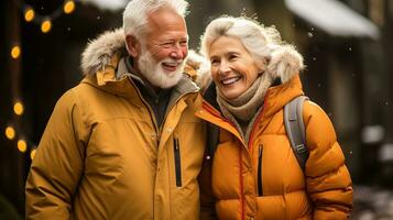 ai gegenereerd ouderen paar nemen een winter wandelen in een stil besneeuwd Woud. generatief ai foto