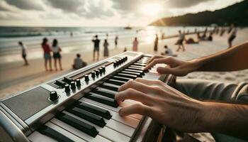 ai gegenereerd musicus spelen melodica Aan de strand. generatief ai foto