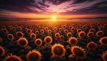 ai gegenereerd afbeeldingen van een veld- van zonnebloemen Bij zonsopkomst, hun bloemblaadjes glinsterend van de ochtend- dauw. generatief ai foto