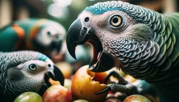 ai gegenereerd kleurrijk papegaaien speels ruzie over- een fruit. generatief ai foto