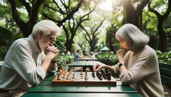 ai gegenereerd oud mensen spelen schaak in de park. generatief ai foto