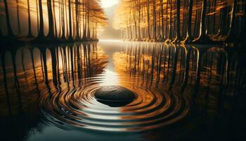 ai gegenereerd een steen in een vijver in herfst en de golven vormen in de omgeving van het. generatief ai foto