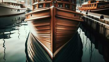 ai gegenereerd afbeeldingen van houten wijnoogst boten aangemeerd in de haven en glinsterend Aan de water. generatief ai foto