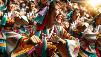 ai gegenereerd dansers in levendig kostuums vieren Bij een lokaal festival. generatief ai foto