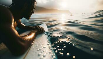ai gegenereerd een eenzaam surfer onder zijn surfplank, op zoek uit in de afstand. generatief ai foto