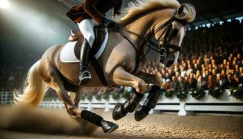 ai gegenereerd een rijder manoeuvreren door een hindernis Cursus Aan te paard, vertegenwoordigen genade en wendbaarheid. generatief ai foto