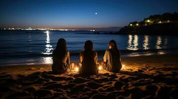 ai gegenereerd dames aan het doen een stil meditatie door de strand. generatief ai foto