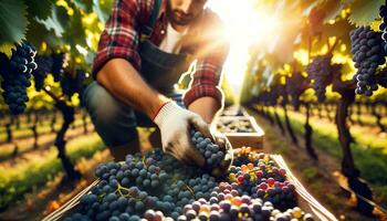 ai gegenereerd arbeiders oogsten druiven in een wijngaard. generatief ai foto