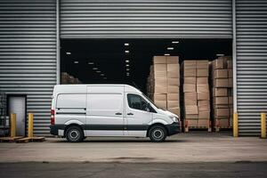 ai gegenereerd levering vrachtauto Bij magazijn voor reclame, levering bestelwagen, buiten van logistiek detailhandelaar magazijn, ai generatief foto