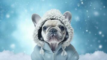 ai gegenereerd winter Frans bulldog portret in hoed Aan een blauw achtergrond met sneeuw en sneeuwvlokken foto