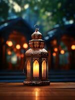 ai gegenereerd mooi brandend Arabisch lantaarn Aan houten tafel, Ramadan achtergrond met kopiëren ruimte voor tekst foto