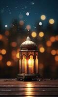 ai gegenereerd mooi brandend Arabisch lantaarn Aan houten tafel, Ramadan achtergrond met kopiëren ruimte voor tekst foto