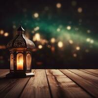ai gegenereerd mooi brandend Arabisch lantaarn Aan houten achter moskee achtergrond, Ramadan foto