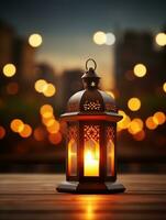 ai gegenereerd mooi brandend Arabisch lantaarn Aan houten tafel, Ramadan achtergrond met kopiëren ruimte voor tekst foto