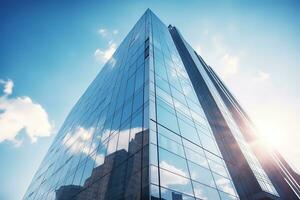 ai gegenereerd laag hoek stad gebouw, hoog toren gebouw, met veel glas foto