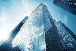 ai gegenereerd laag hoek stad gebouw, hoog toren gebouw, met veel glas foto