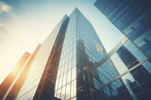 ai gegenereerd laag hoek stad gebouw, hoog toren gebouw, met veel glas foto