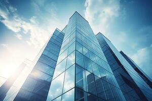 ai gegenereerd laag hoek stad gebouw, hoog toren gebouw, met veel glas foto