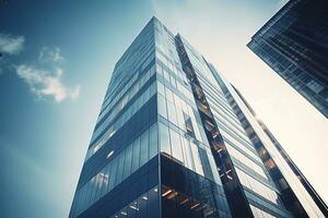 ai gegenereerd laag hoek stad gebouw, hoog toren gebouw, met veel glas foto