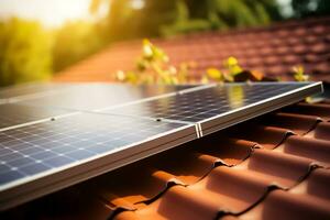 ai gegenereerd installatie zonne- panelen Aan dak. dichtbij omhoog, wazig achtergrond. groen energie en geld spaargeld concept foto