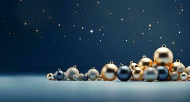 ai gegenereerd vrolijk Kerstmis en gelukkig nieuw jaar achtergrond met goud en blauw kerstballen en geschenk dozen. 3d renderen foto