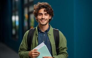 ai gegenereerd leerling glimlachen met school- zak en notitieboekje foto