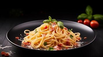 ai gegenereerd pasta met tomaten en basilicum Aan een bord foto