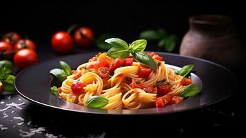 ai gegenereerd pasta met tomaten en basilicum Aan een bord foto