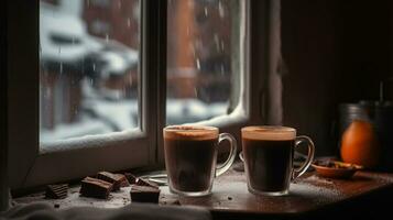 ai gegenereerd heet chocola Aan een besneeuwd en verkoudheid winter dag foto