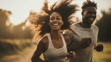 ai gegenereerd jong Afrikaanse Amerikaans paar gaat voor een rennen foto