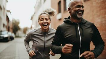 ai gegenereerd ouder Afrikaanse Amerikaans paar gaat voor een rennen foto