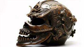 ai gegenereerd decoratief houten schedel samurai helm foto