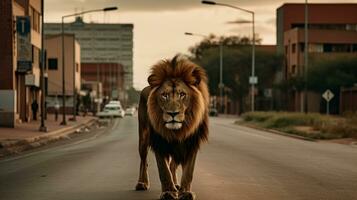 ai gegenereerd een mannetje leeuw zwerft door een Afrikaanse stad foto