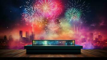 ai gegenereerd podium stadium met een levendig thema van vuurwerk viering in backdrop foto