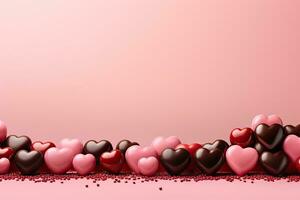 ai gegenereerd valentijnsdag dag roze en rood hart snoepjes Aan roze achtergrond foto