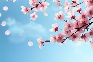 ai gegenereerd kers bloesem sakura takken Aan lucht bokeh achtergrond foto