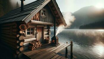 ai gegenereerd een houten hut Aan de rand van een stil meer en rook komt eraan van de fornuis Aan haar terras. generatief ai foto