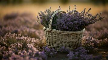 ai gegenereerd lavendel bloemen geregeld in een mand, creëren een mooi en geurig Scherm. generatief ai foto