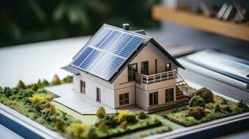 ai gegenereerd een huis model- met zonne- panelen, presentatie van duurzame energie oplossingen voor een groener toekomst. generatief ai foto