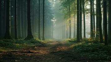 ai gegenereerd een sereen pad in de bossen met zonlicht filteren door de mist, omringd door natuur en bomen. generatief ai foto