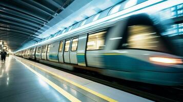 ai gegenereerd een strak trein glijden door een metro station, presentatie van modern ontwerp en doeltreffend vervoer. generatief ai foto