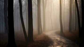 ai gegenereerd een sereen pad in de bossen met zonlicht filteren door de mist, omringd door natuur en bomen. generatief ai foto