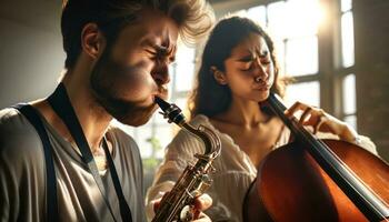 ai gegenereerd een Mens en vrouw spelen de saxofoon en cello, creëren harmonisch muziek- samen. generatief ai foto