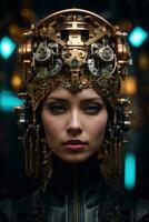 ai gegenereerd vrouw cyborg met mechanismen en draden in hoofd, digitaal technologisch net zo een achtergrond foto