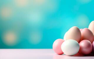 ai gegenereerd rij van kleurrijk Pasen eieren over- bokeh lichten achtergrond met ruimte voor tekst. reeks van Pasen eieren foto voor poster, kaart O hartelijk groeten.
