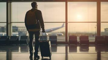 ai gegenereerd reiziger Mens staand in staand Bij de luchthaven venster Bij luchthaven terminal ai generatief foto