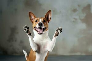 ai gegenereerd aanbiddelijk bruin en wit hond glimlachen en verspreiden juichen foto