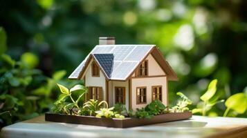 ai gegenereerd een huis met zonne- panelen Aan de dak en groen planten in de achtergrond, bevorderen duurzame energie en een verbinding met natuur. generatief ai foto