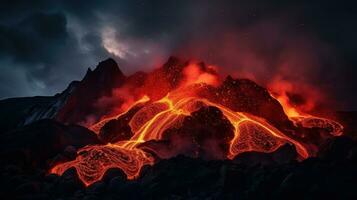 ai gegenereerd vulkaan uitbarsting met vloeiende lava. generatief ai foto